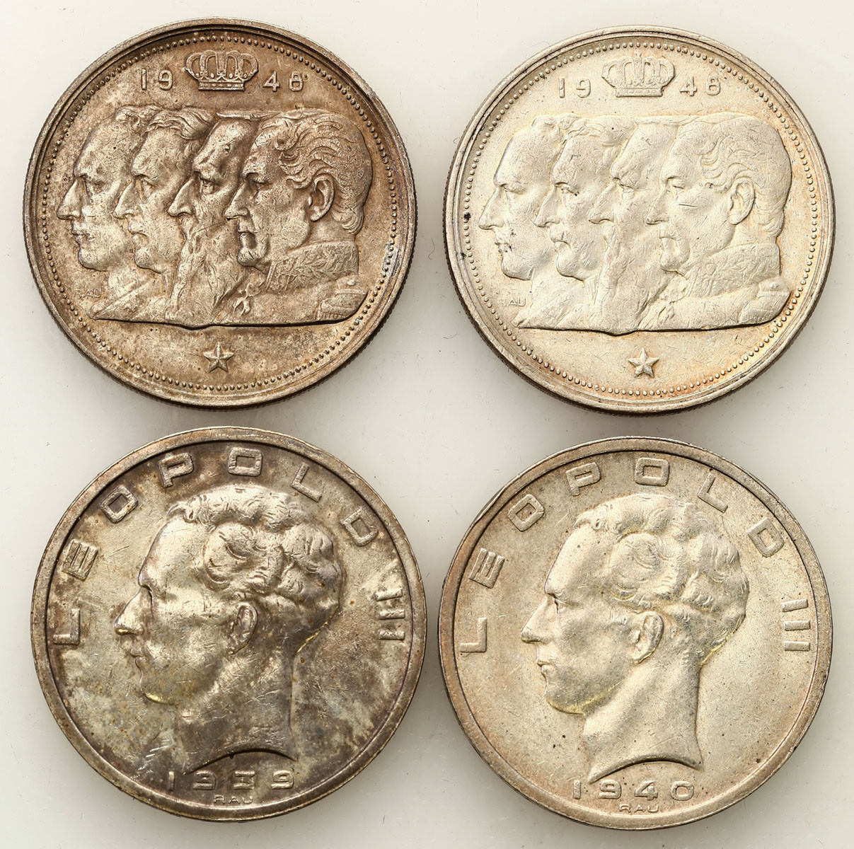 Belgia. 50 franków 1939, 1940, 100 franków 1948 zestaw 4 monet